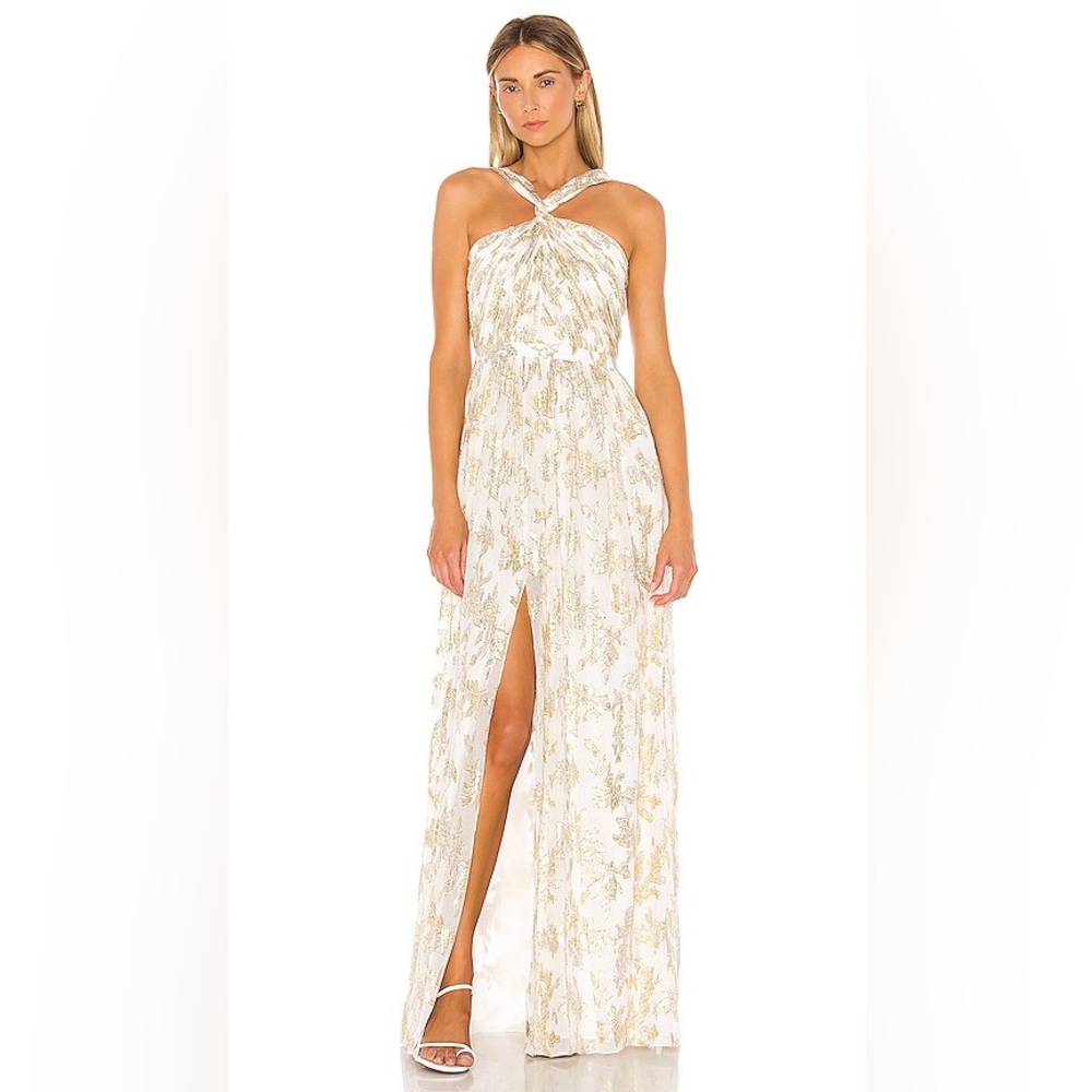 Rachel Zoe Bella Ecru Metallic Fil Coupe Twist Halter Dress Gown $625